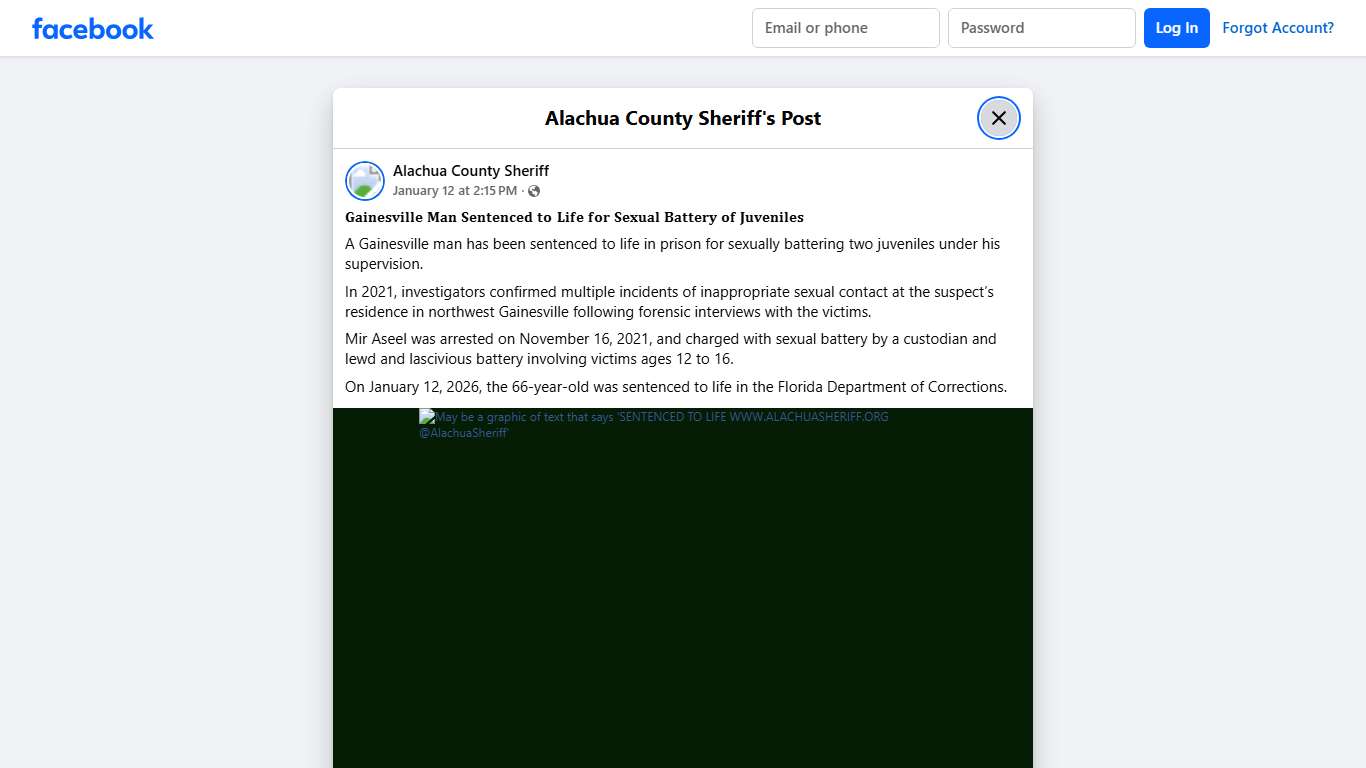 𝐆𝐚𝐢𝐧𝐞𝐬𝐯𝐢𝐥𝐥𝐞 𝐌𝐚𝐧 𝐒𝐞𝐧𝐭𝐞𝐧𝐜𝐞𝐝 𝐭𝐨 𝐋𝐢𝐟𝐞... - Alachua County Sheriff Facebook